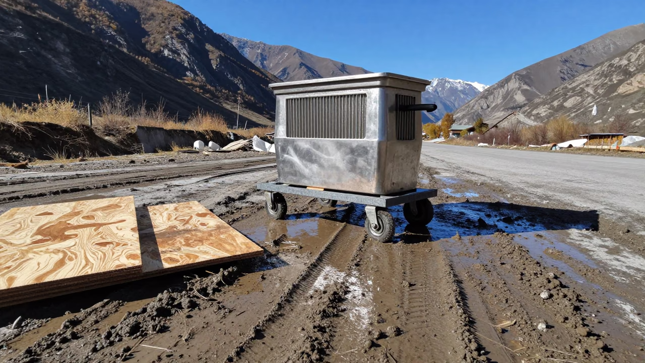 Muddy Water Cooler Cart on Almaty Construction Road in at a muddy site access road in Almaty