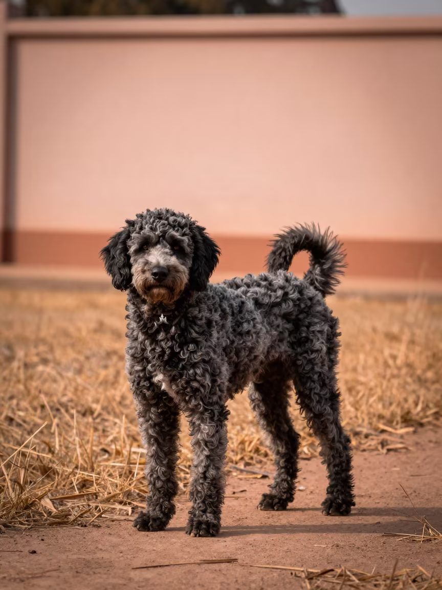 Mudi Dog on Quiet Gitega Path in Copper Light in beside a plain courtyard wall in clear daylight with the animal at eye level in Gitega