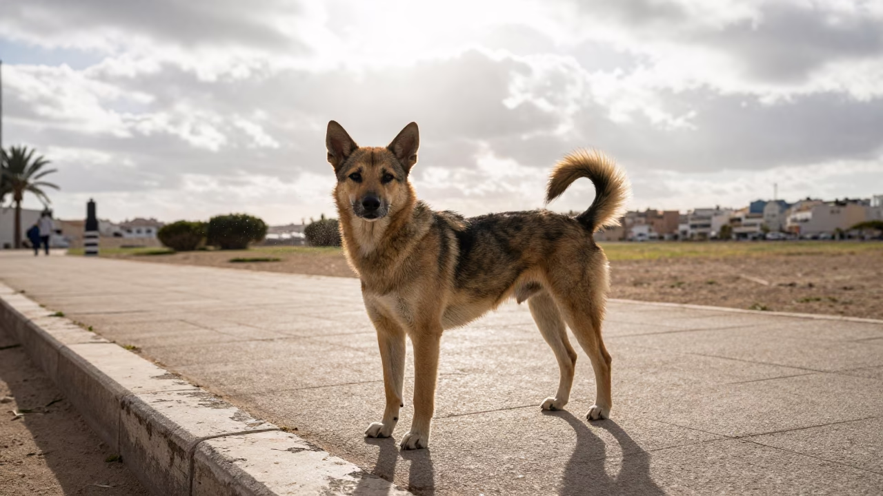 Mudi Dog on Quiet Park Path Near Essaouira in along a quiet park path with soft open shade and a clean background near Essaouira