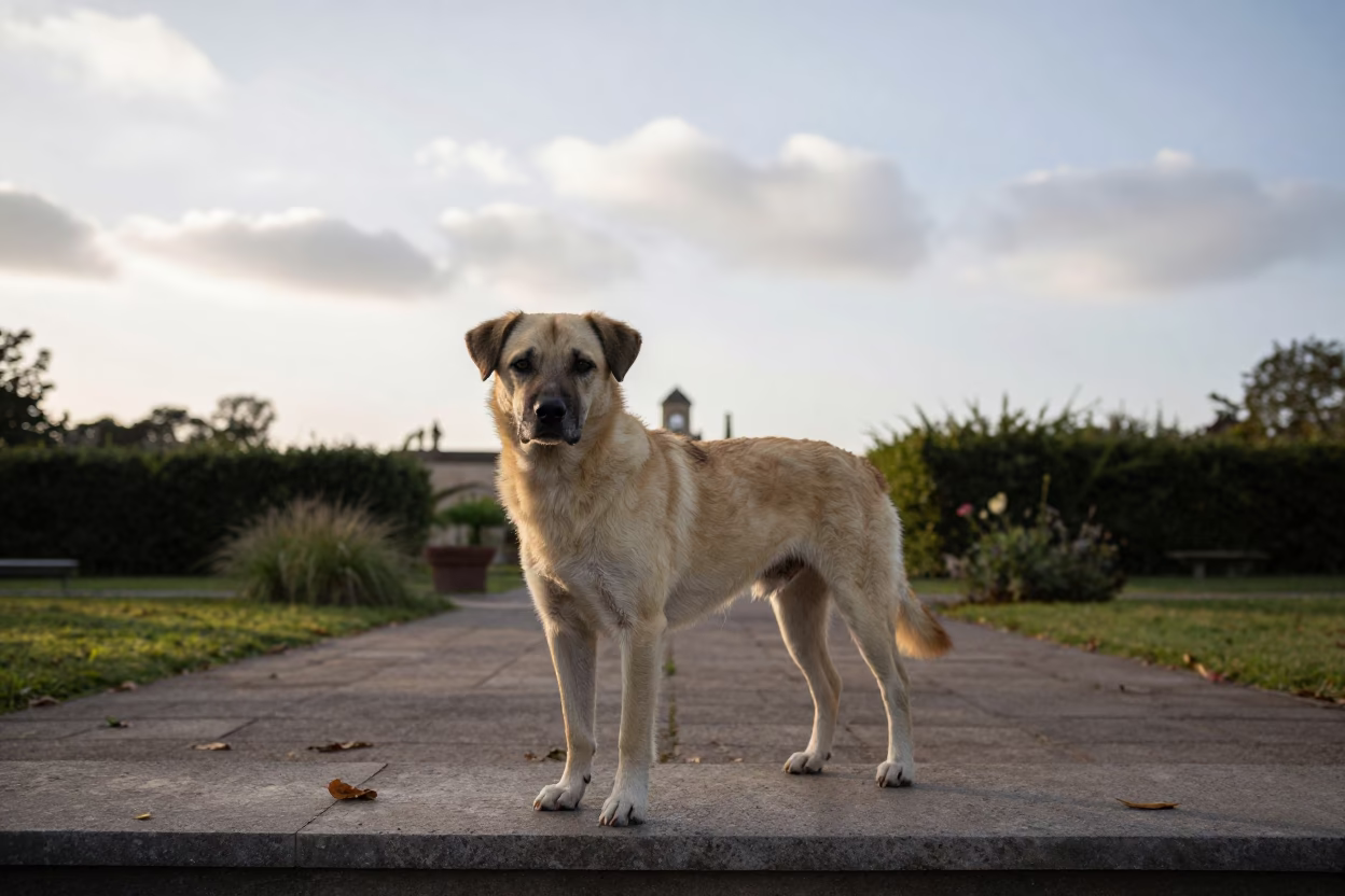 Mudi Dog Portrait Garden Edge Morning Light in near a garden edge with soft morning light and an uncluttered background near La Asunción