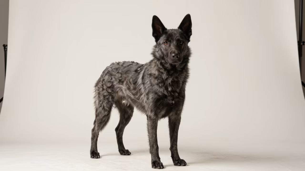 Mudi Dog Portrait in Pyongyang Studio in in a quiet portrait studio with a plain backdrop and eye-level framing in Pyongyang