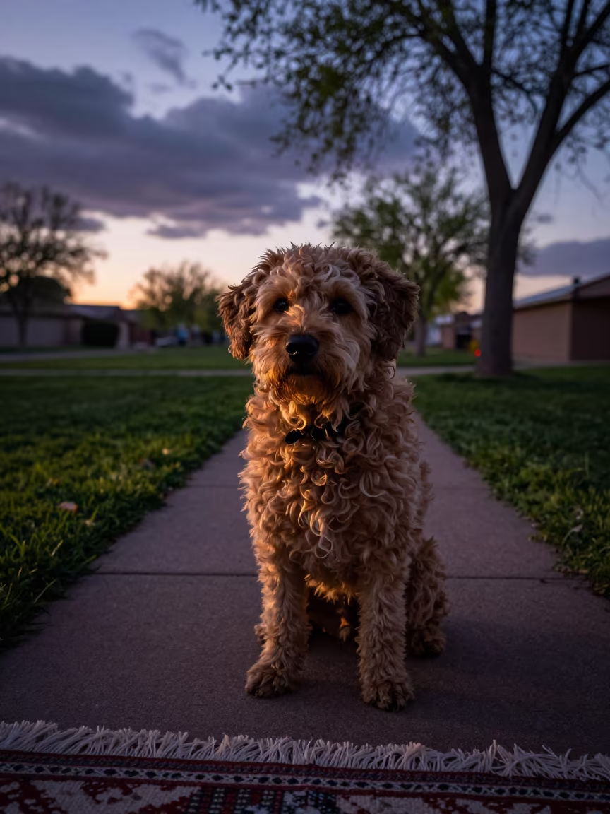 Mudi Dog Portrait on Twilight Park Path in in a small yard with clipped grass, calm light, and the animal centered in frame in Tucson