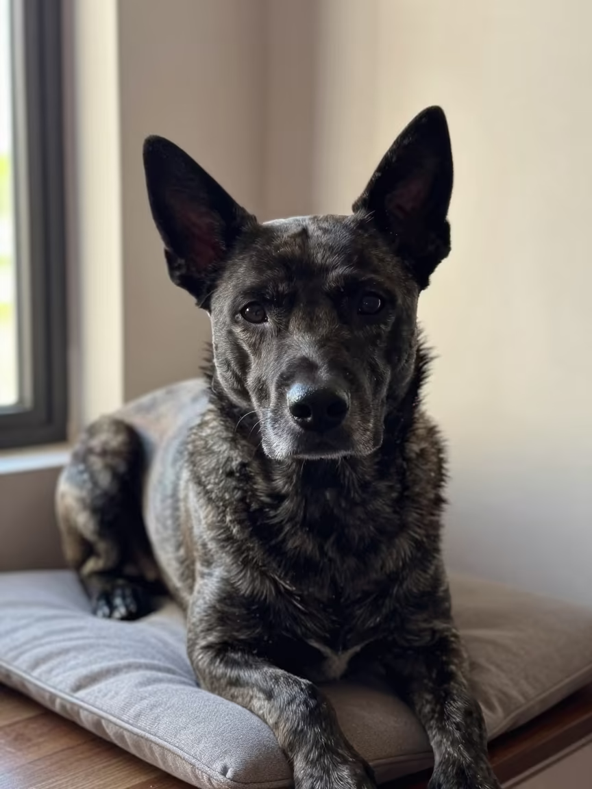 Mudi Dog Portrait on Window Seat in Jalapa in on a cushioned window seat with soft side light and an uncluttered background in Jalapa