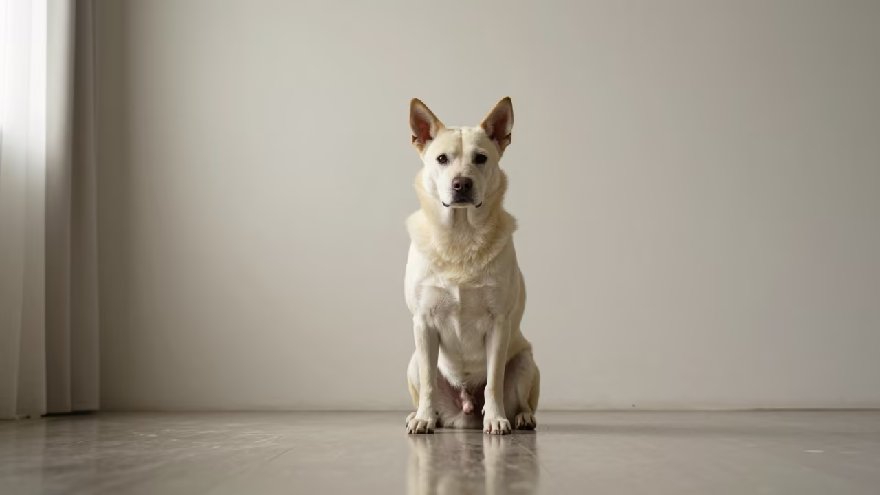 Mudi Dog Portrait With Textured Coat in beside a plain plaster wall in soft indoor light with the animal centered in frame in Brisbane