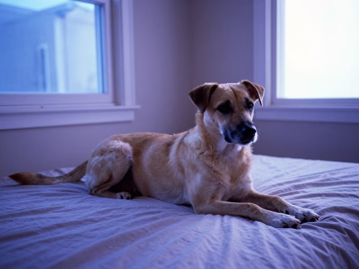 Mudi Dog Resting on Bedspread Near Window in on a bedspread near a bright window with calm indoor light near Luanshya
