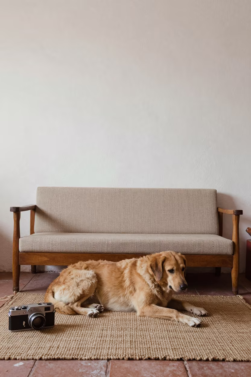 Mudi Dog Resting on Rug in Arequipa Home in on a woven rug beside a low couch and an uncluttered wall in Arequipa