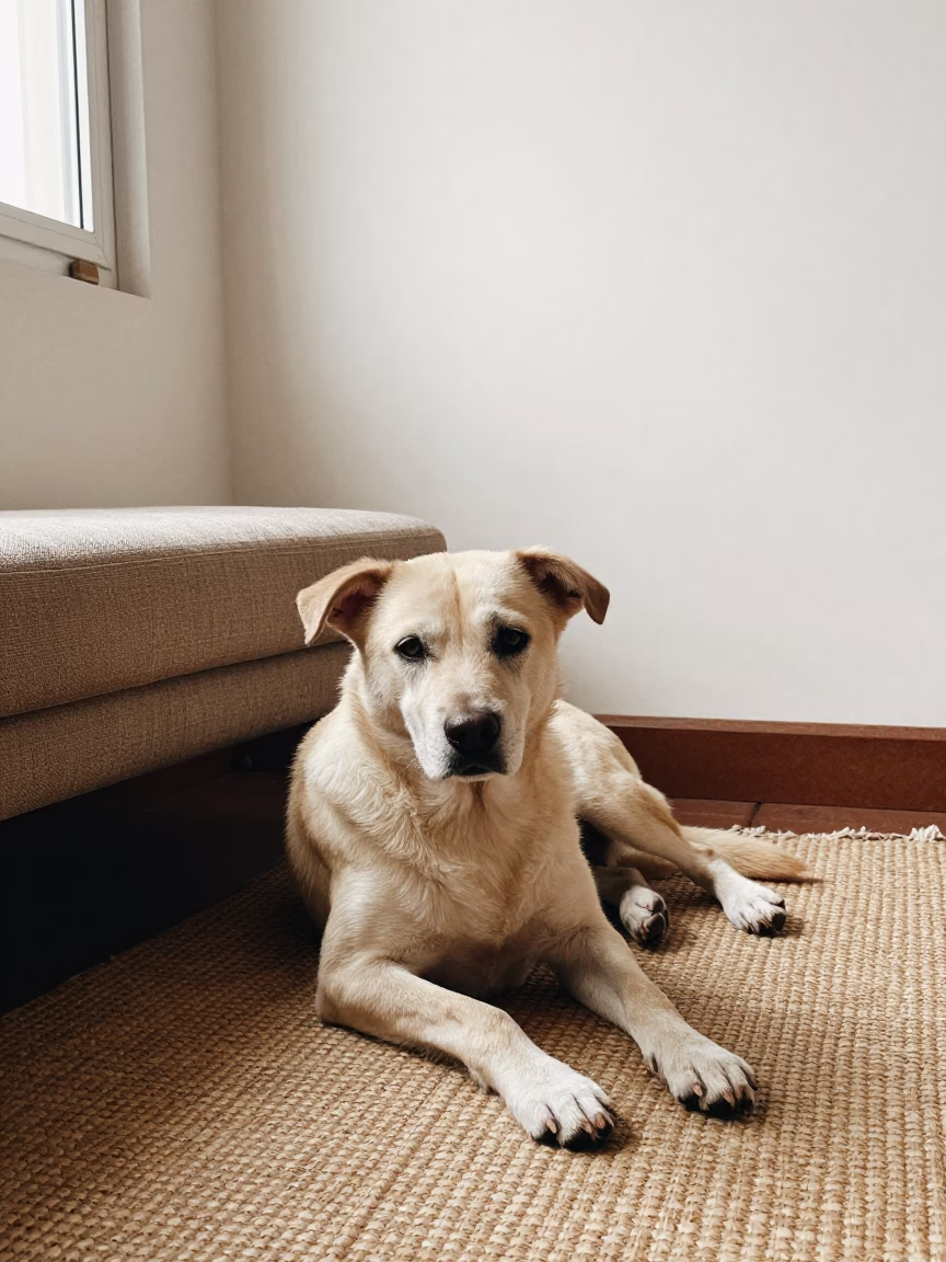 Mudi Dog Resting on Rug Near Karbala Home in on a woven rug beside a low couch and an uncluttered wall near Karbala