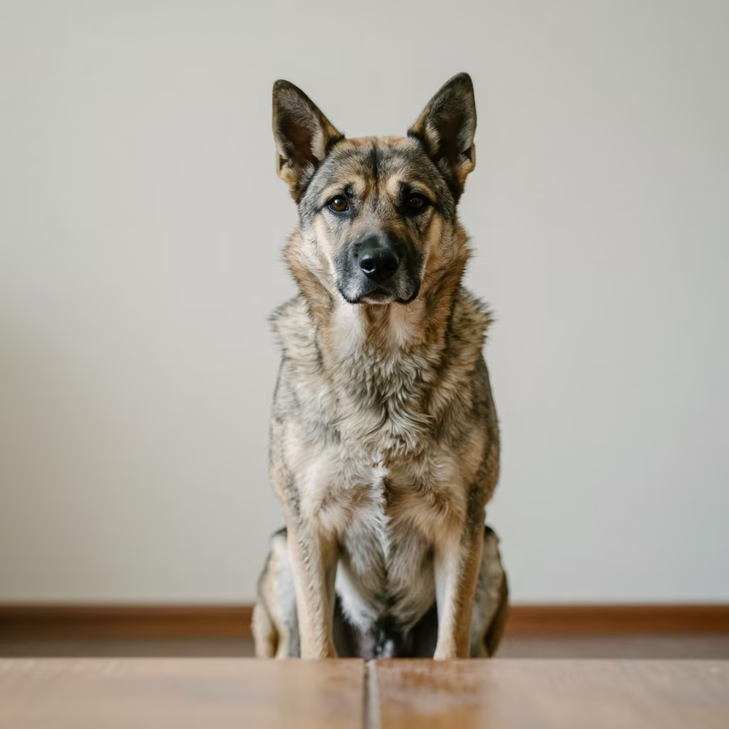 Mudi Portrait Beside Plaster Wall in Soft Light in beside a plain plaster wall in soft indoor light with the animal centered in frame in Quezon City