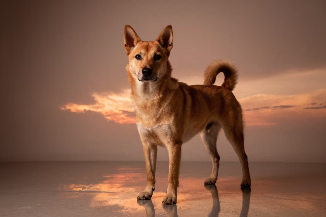 Mudi Portrait in Copper Dusk Light in in a quiet portrait studio with a plain backdrop and eye-level framing in Xiamen