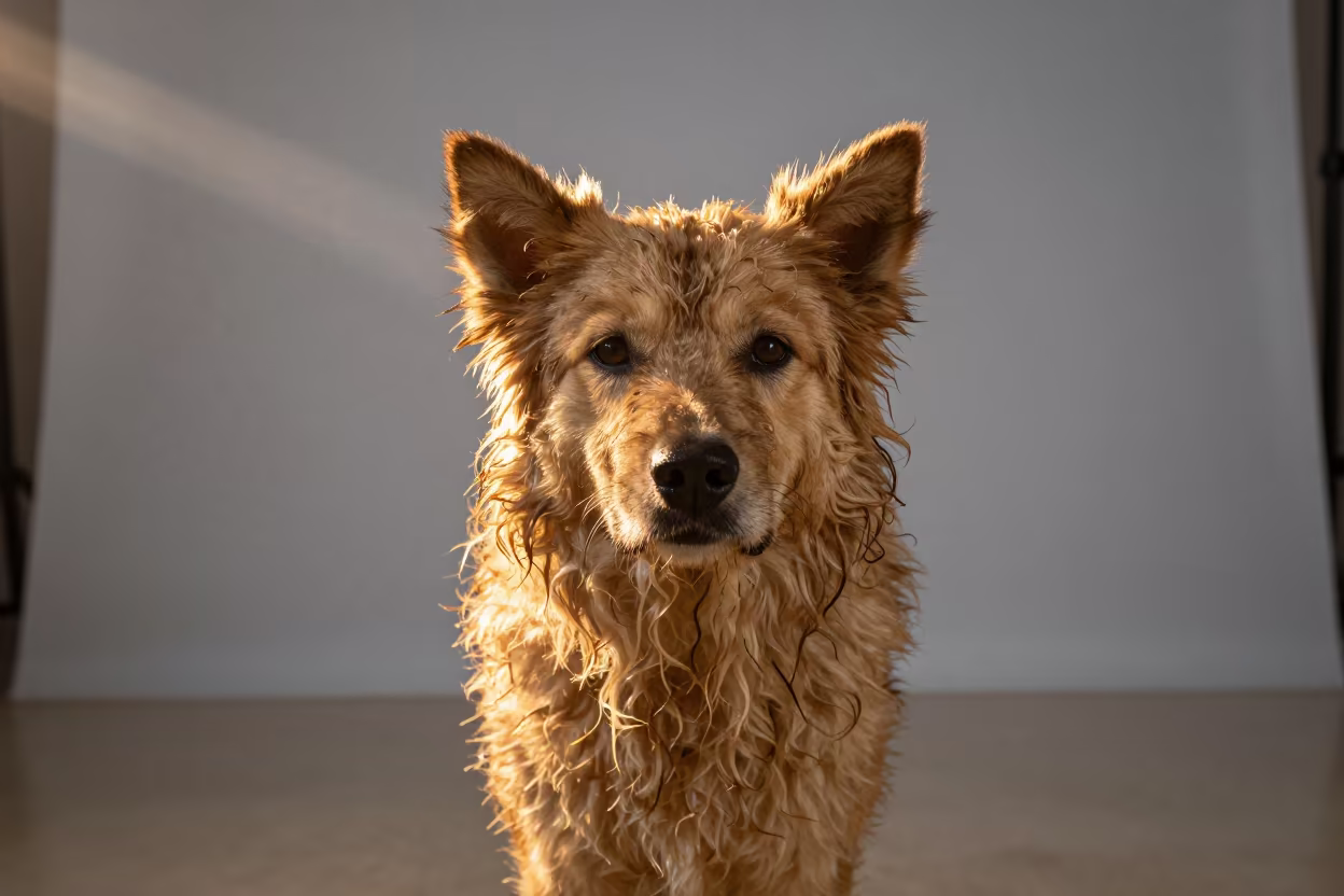 Mudi Portrait in Warm Studio Light in in a quiet portrait studio with a plain backdrop and eye-level framing near Santiago de Veraguas