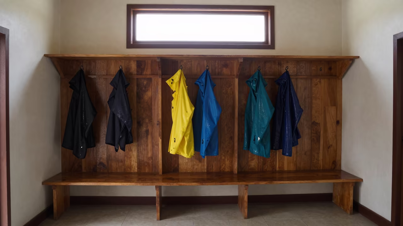 Mudroom Bench with Wet Rain Jackets Noon Light in in a cozy kitchen in Lombok