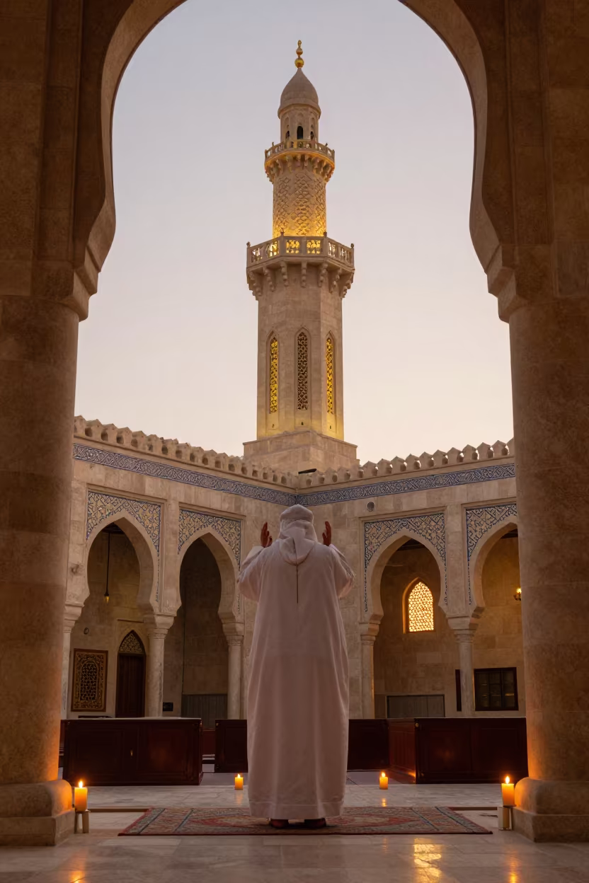Muezzin Adhan Sunset Dubai Minaret in inside a candlelit nave in Dubai