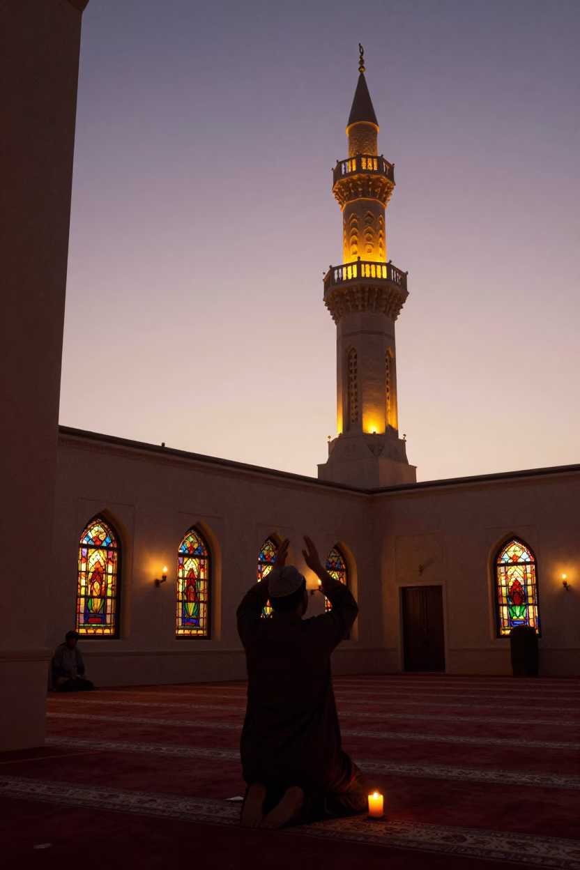 Muezzin Calling Adhan from Minaret at Sunset in Dubai in in a chapel lit by stained glass in Jumeirah, Dubai