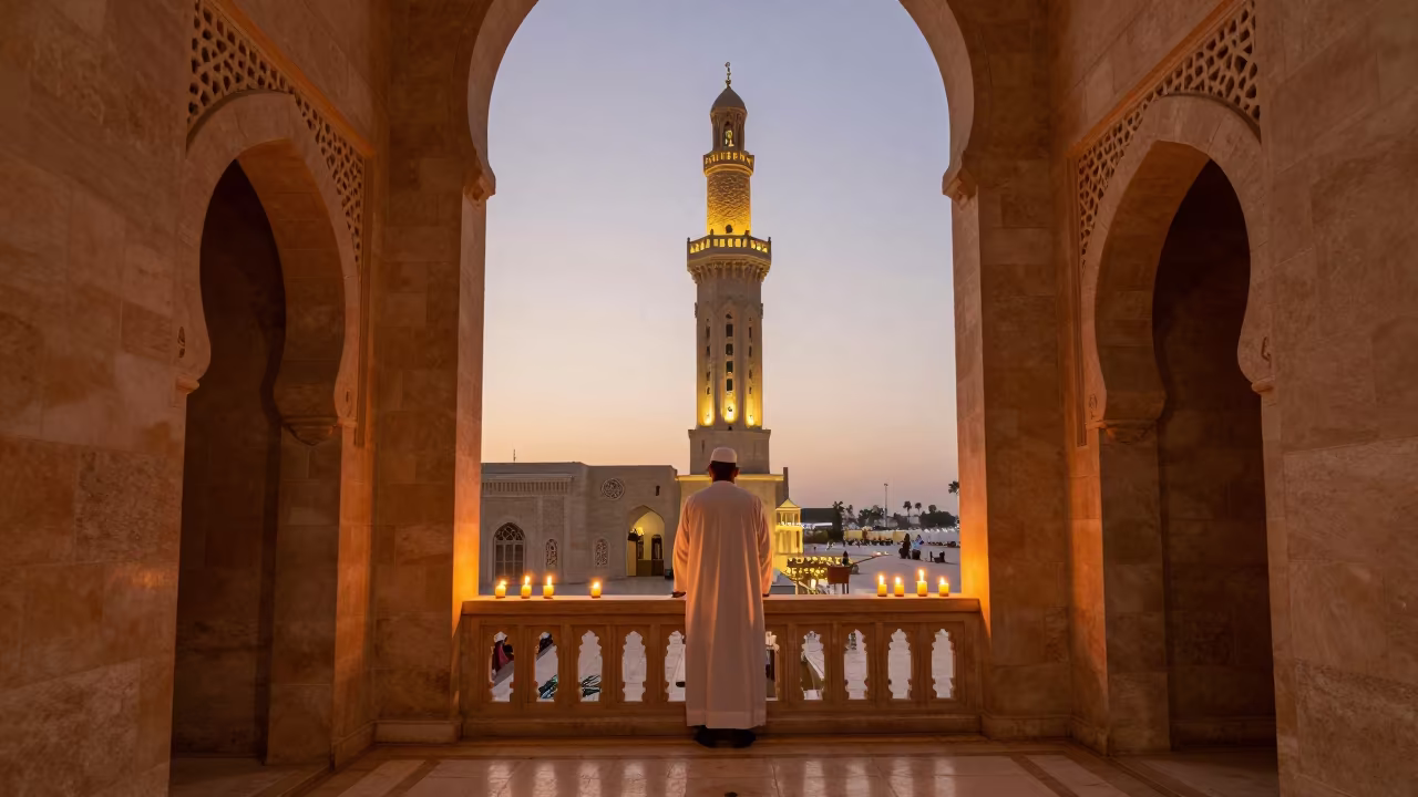 Muezzin Calling Adhan from Muscat Minaret at Sunset in inside a candlelit nave in Muscat