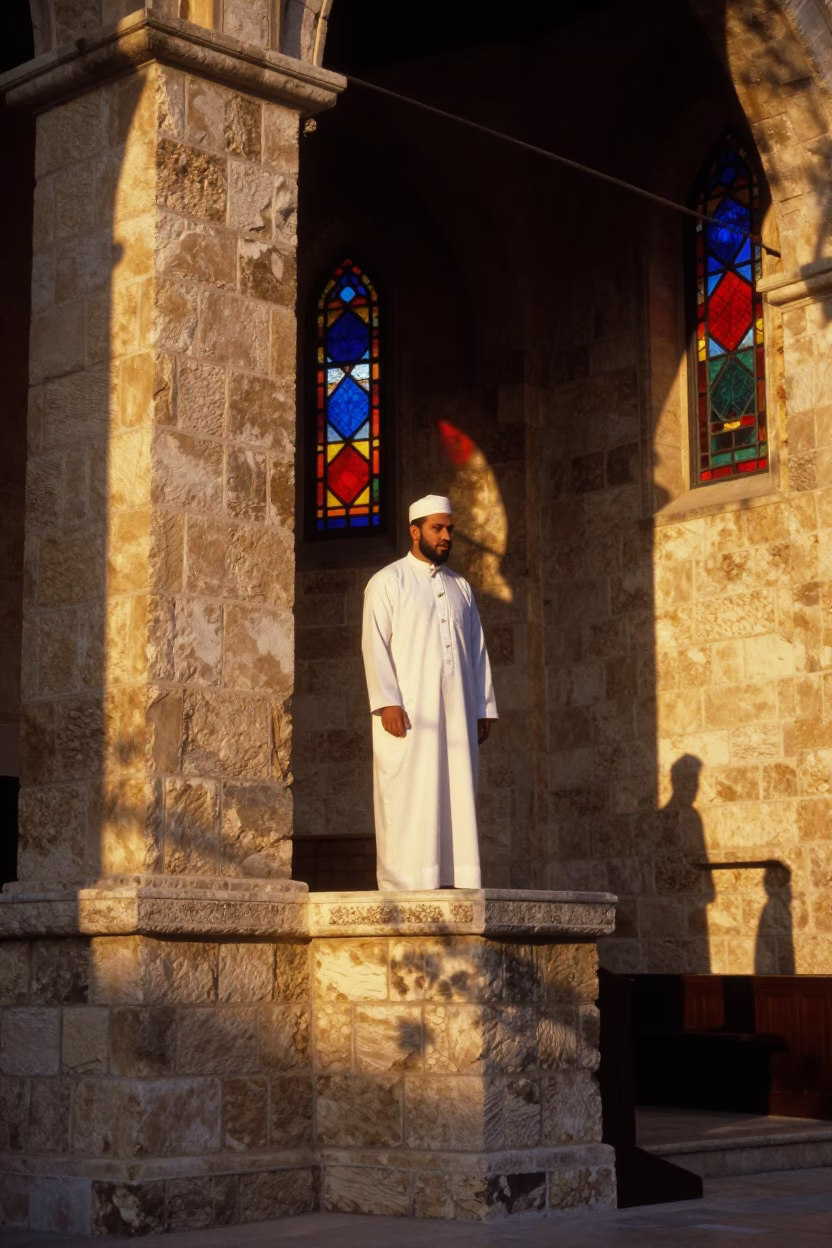 Muezzin Calls Adhan at Sunset in Amman Chapel in in a chapel lit by stained glass in Amman