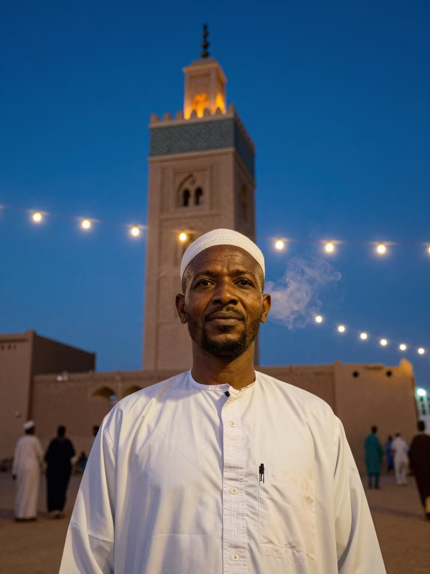 Muezzin Gazing Calmly from Nouakchott Minaret in in the old quarter in Nouakchott
