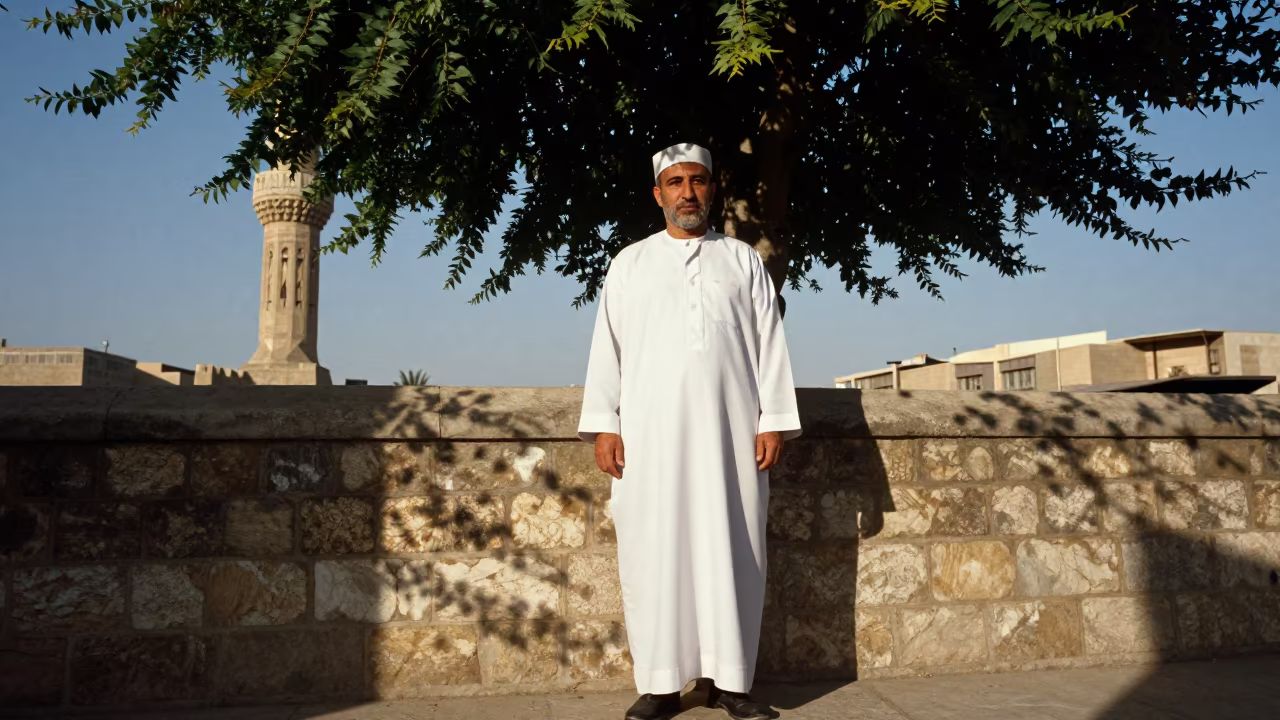 Muezzin Portrait at Cairo Minaret in Dappled Light in in Cairo