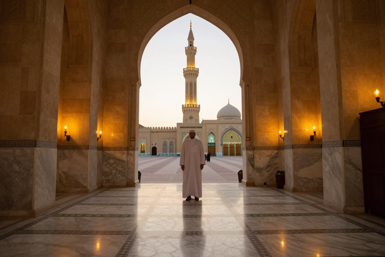 Muezzin Reciting Adhan from Minaret at Sunset in in a mosque prayer hall in Riyadh