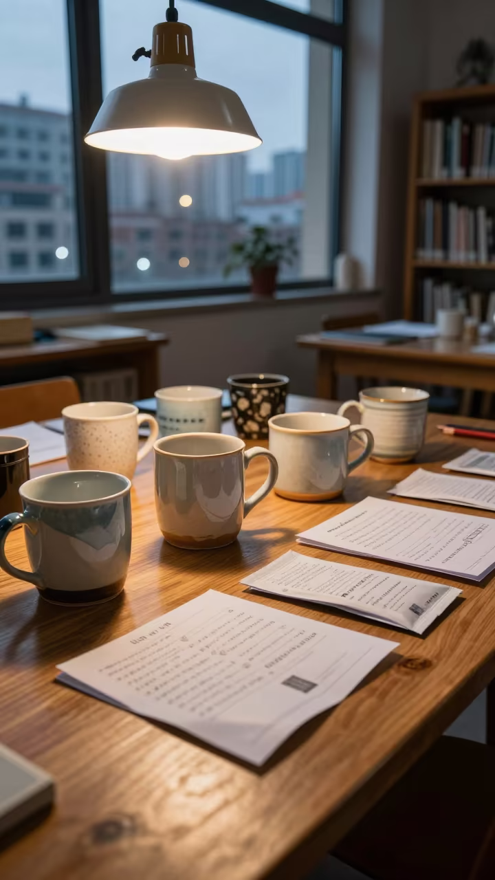 Mugs and Notes in Guiyang Winter Classroom in inside an art classroom near Guiyang