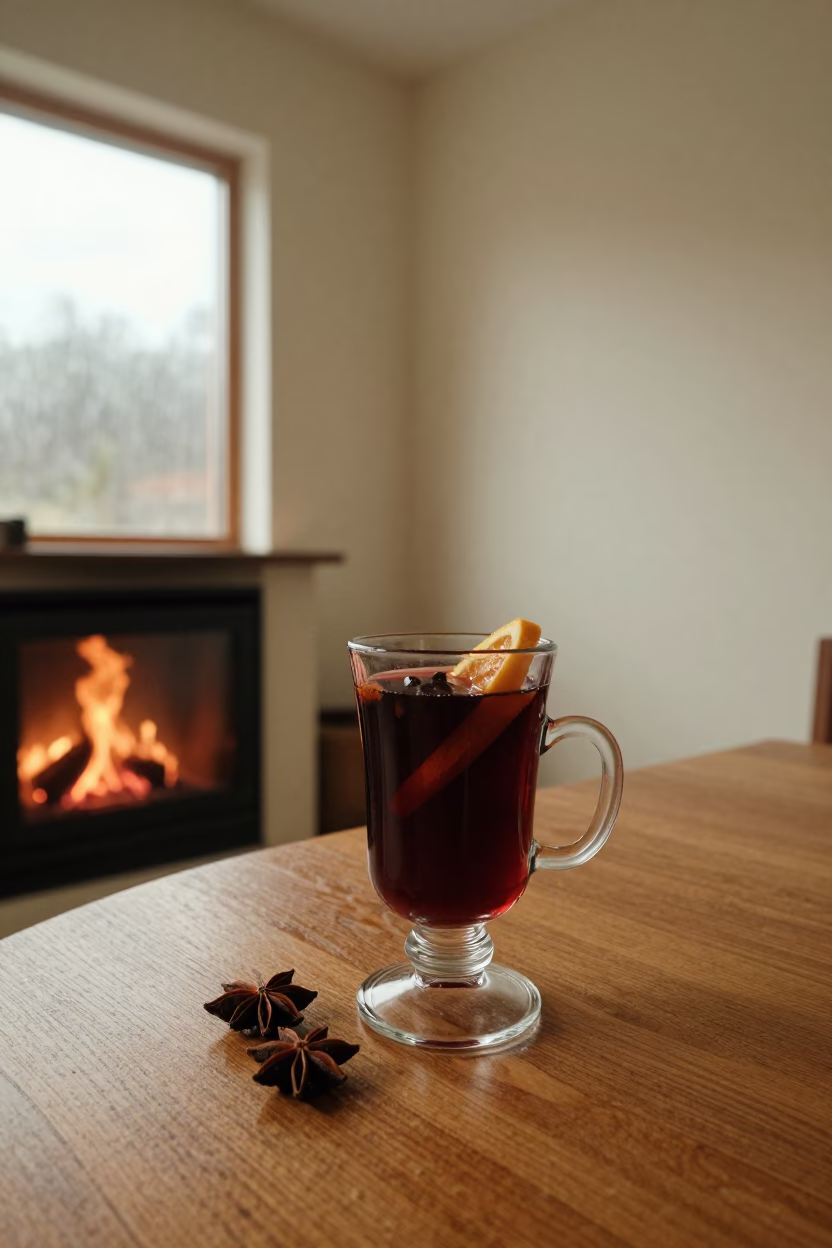 Mulled Wine by Fireplace During Monsoon in by a crackling fireplace near Kuantan