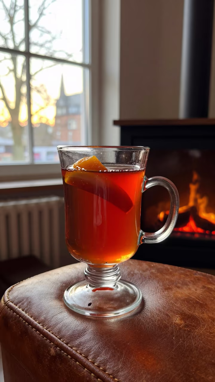 Mulled Wine on Leather Chair in Cologne in on a worn leather armchair in Cologne