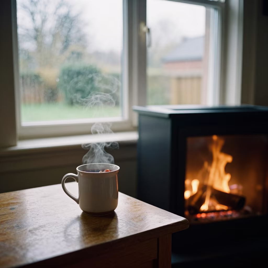 Mulled Wine Mug by Rainy Window in Stoke-on-Trent in beside a rain-streaked window in Stoke-on-Trent