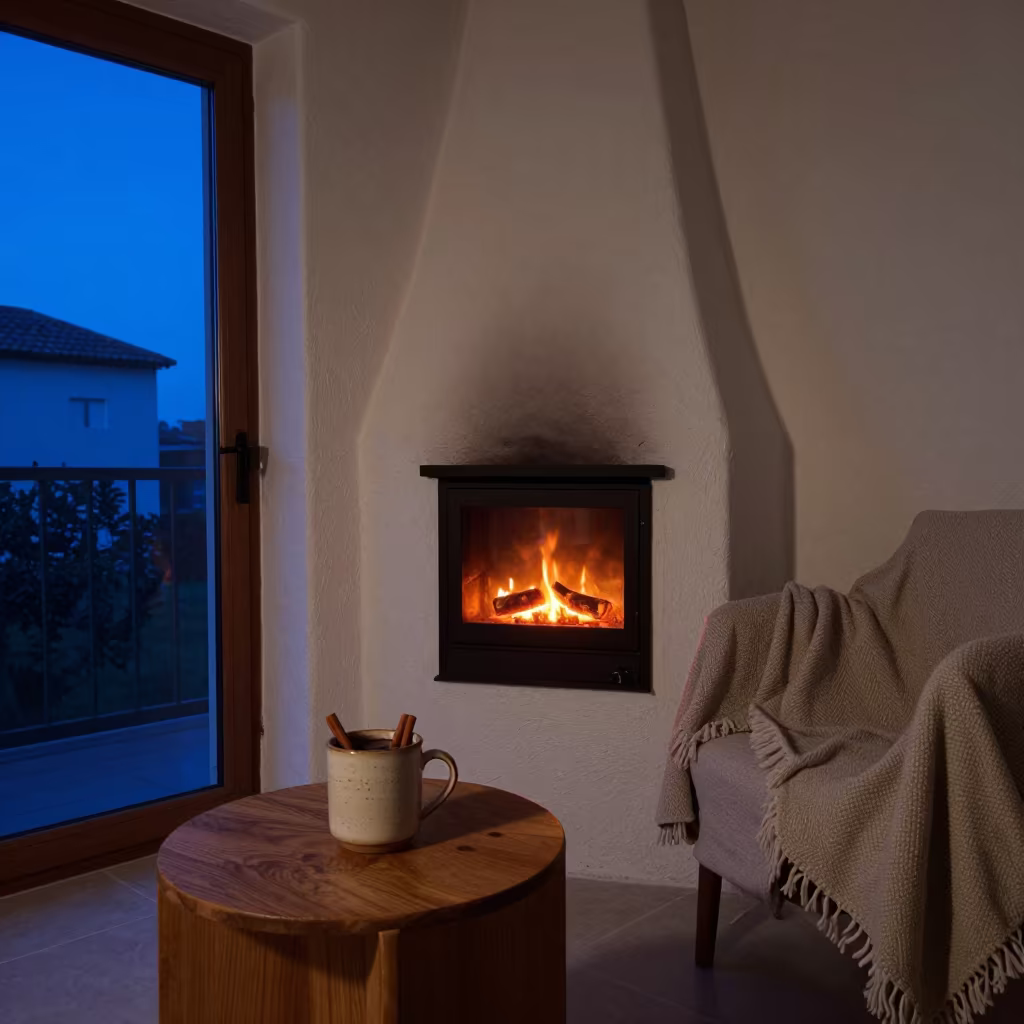 Mulled wine on table beside fire in Nador kitchen in in a cozy kitchen in Nador