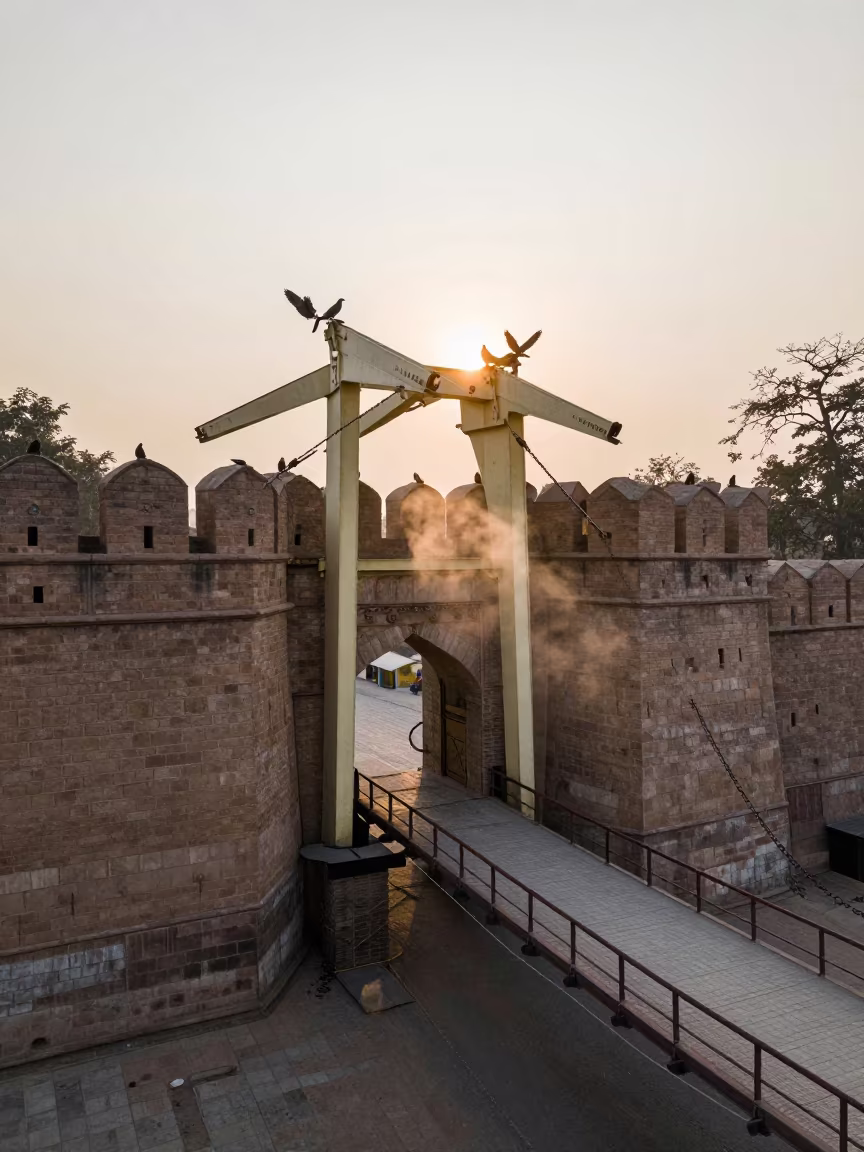 Multan Castle Gatehouse Drawbridge Sunset in along a bridge maintenance walkway in Multan