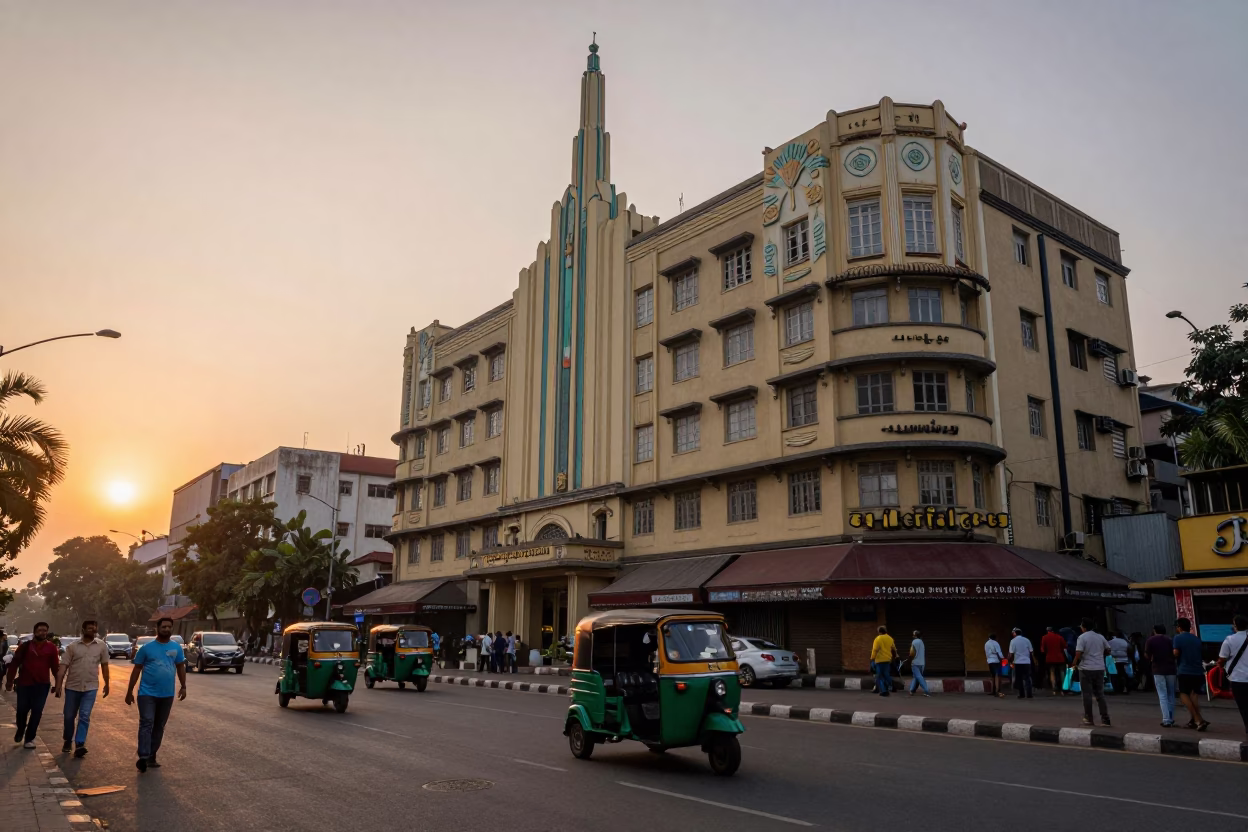 Mumbai Art Deco Hotel Facade Sunset Street Scene Candid Moment in in Mumbai, India