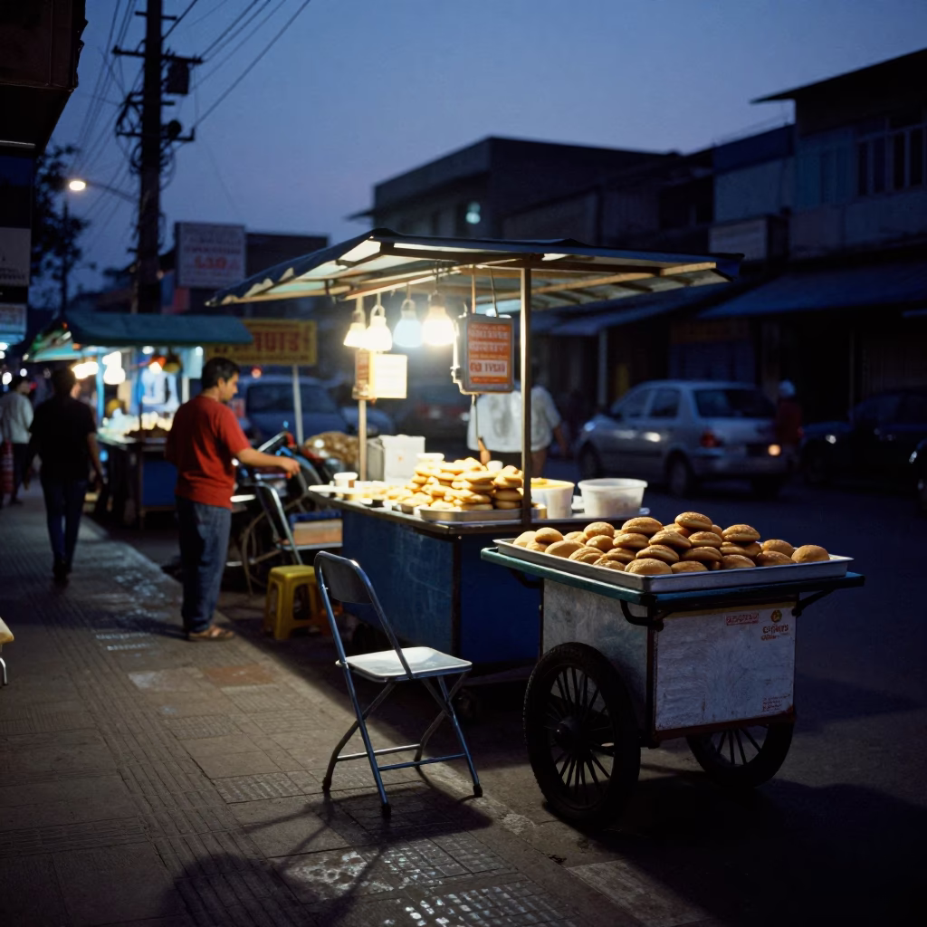 Mumbai Blue Hour Street Scene with Folding Chair and Local Commerce in in Mumbai, India
