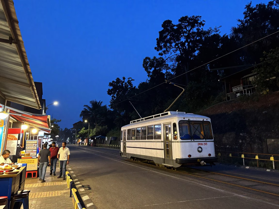 Mumbai Blue Hour Street Scene with Funicular Railway and Evening Food Stall in in Mumbai, India