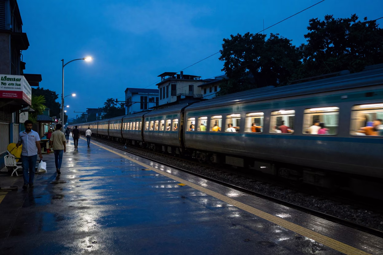 Mumbai Blue Hour Street Scene with Suburban Train Blur and Local Life in in Mumbai, India