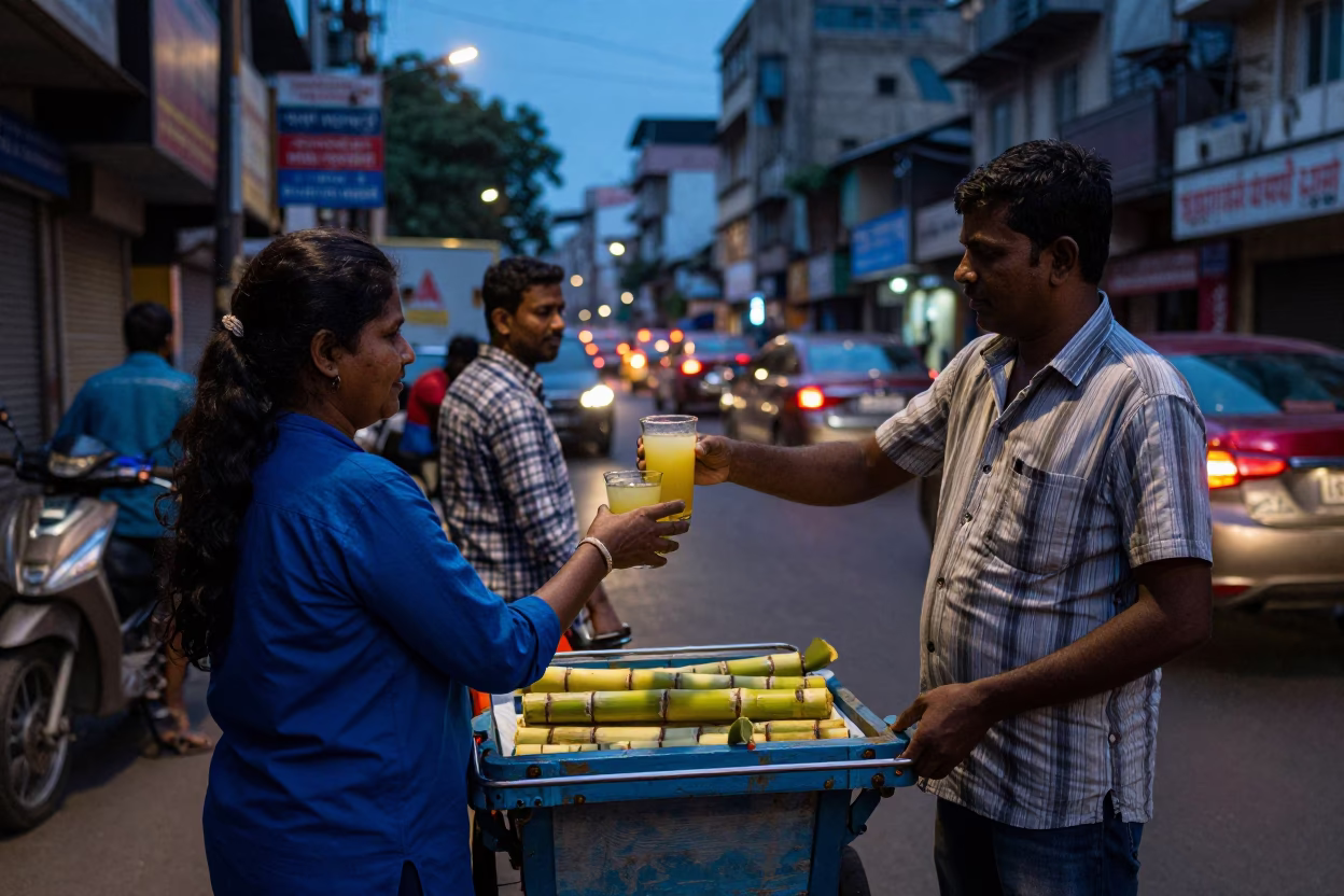 Mumbai Blue Hour Street Scene with Sugarcane Juice and Urban Taillights in in Mumbai, India