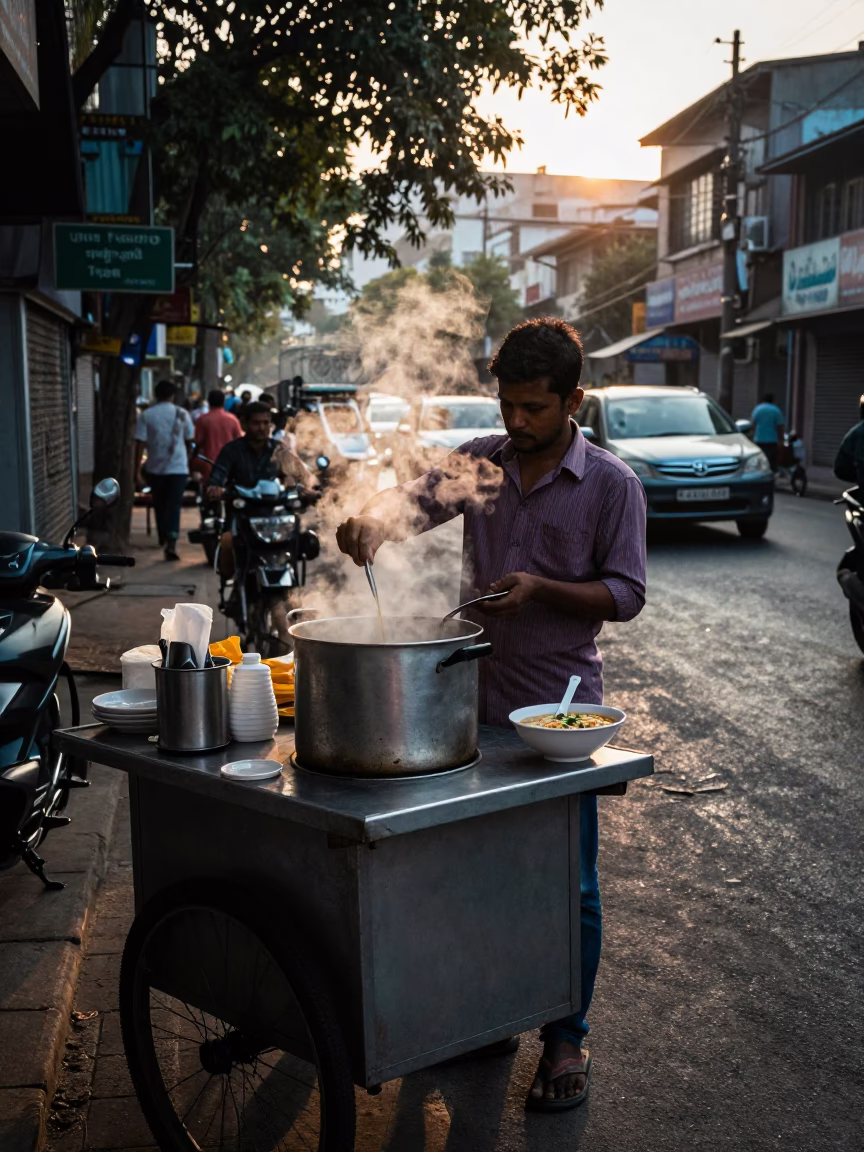 Mumbai Breakfast Stall Before Dawn With Tantanmen Ramen And Condensation in in Mumbai, India