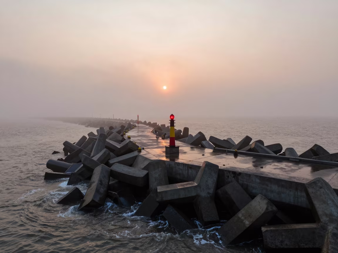 Mumbai Breakwater Beacon Dawn Mist in beside a storm surge barrier in Mumbai