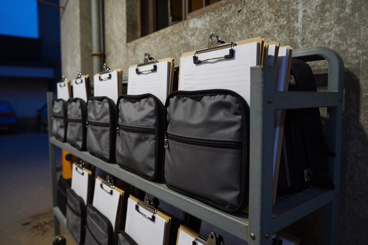 Mumbai Broker Pouch Rack in Indigo Twilight in at a fulfillment packing station near Fort, Mumbai