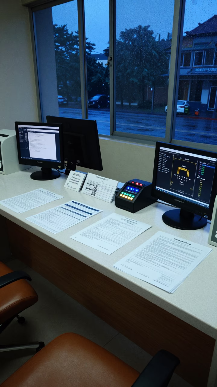 Mumbai Clinic Desk Blue Hour Wet Season in inside an imaging suite in Crawford Market, Mumbai