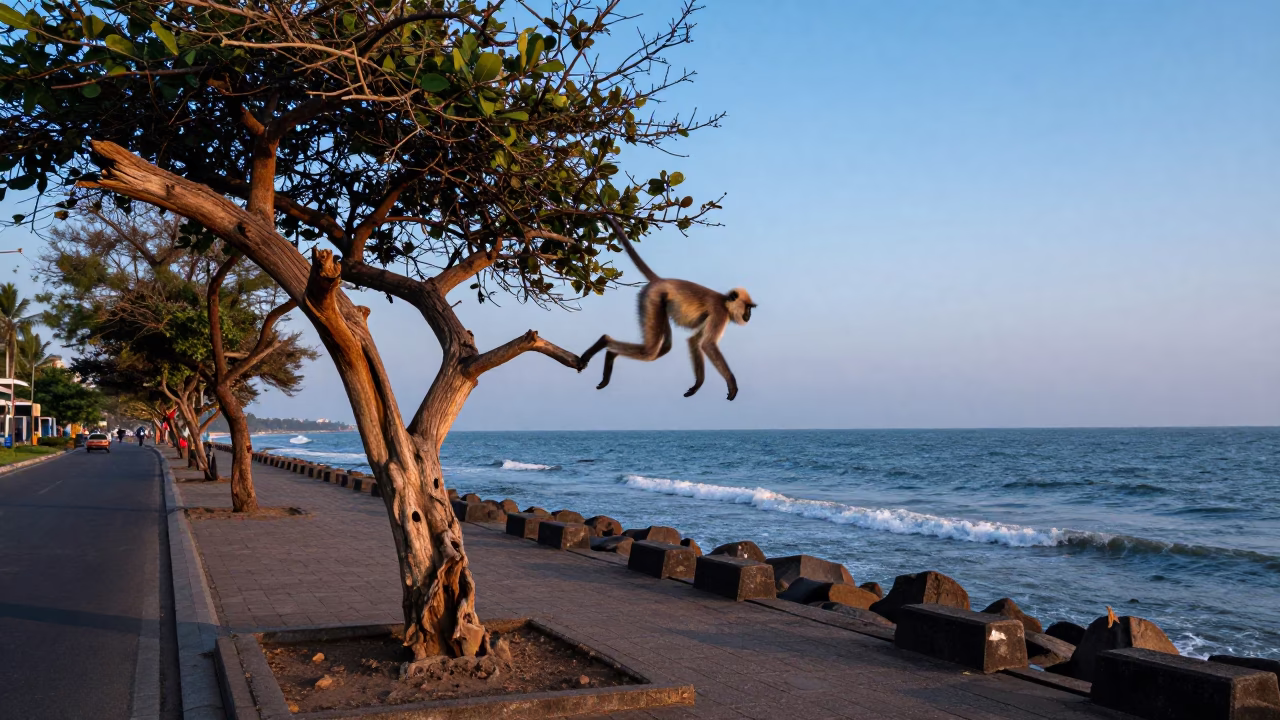 Mumbai Coastal Dawn Street Scene with Langur Monkey and Cedar Tree in in Mumbai, India