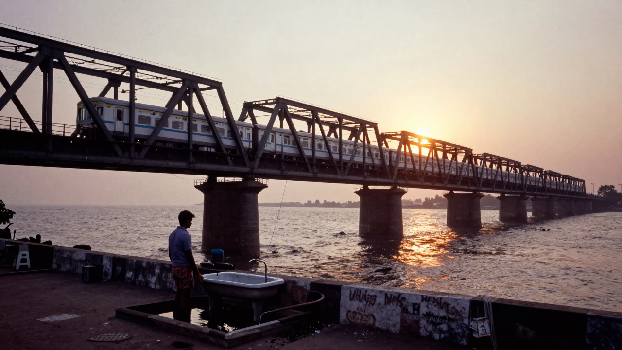 Mumbai Commuter Train Crossing Bridge at Sunset with Local Street Vendor in in Mumbai, India
