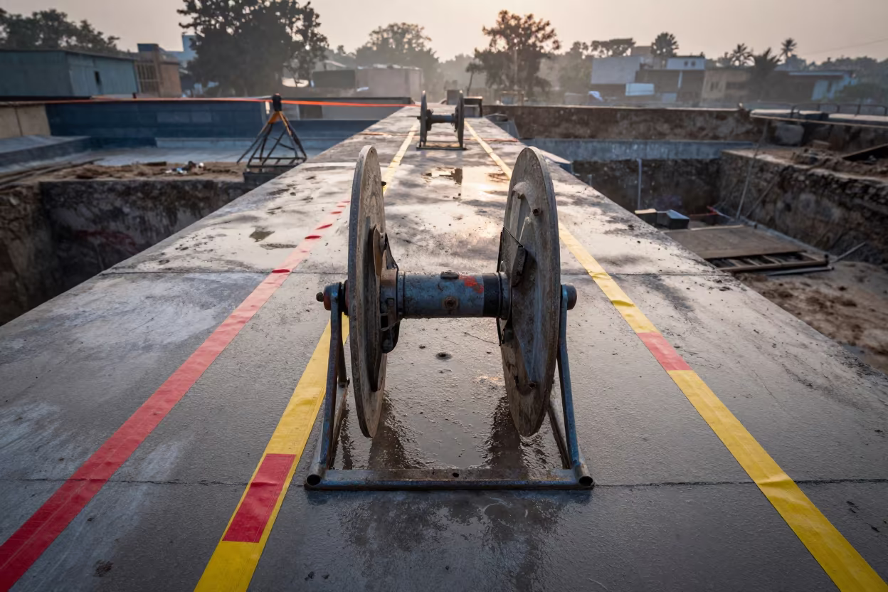 Mumbai Construction Safety Reel in Dawn Light in inside a taped-off excavation edge in Mumbai