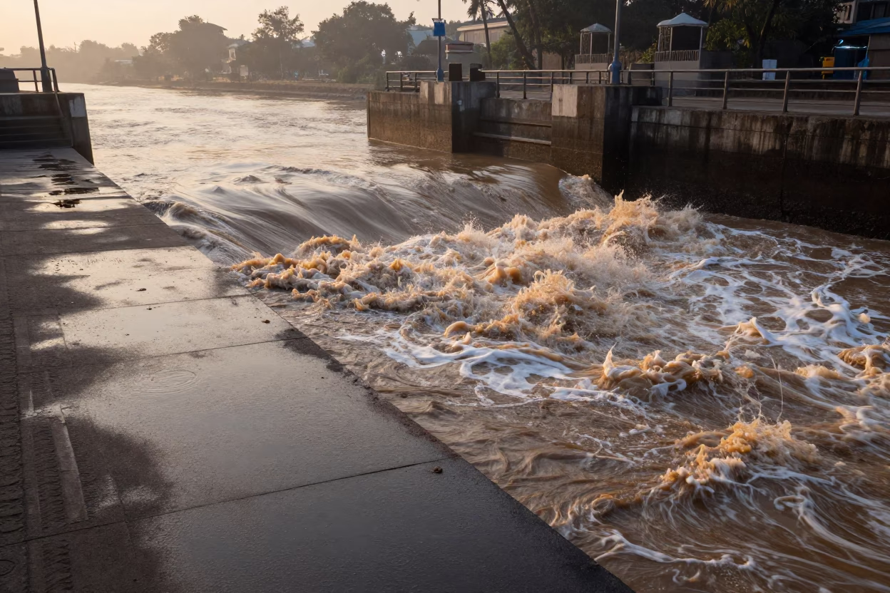 Mumbai Dawn Sluice Gate Walkway Above Tea-Colored River Foam and Local Street Life in in Mumbai, India