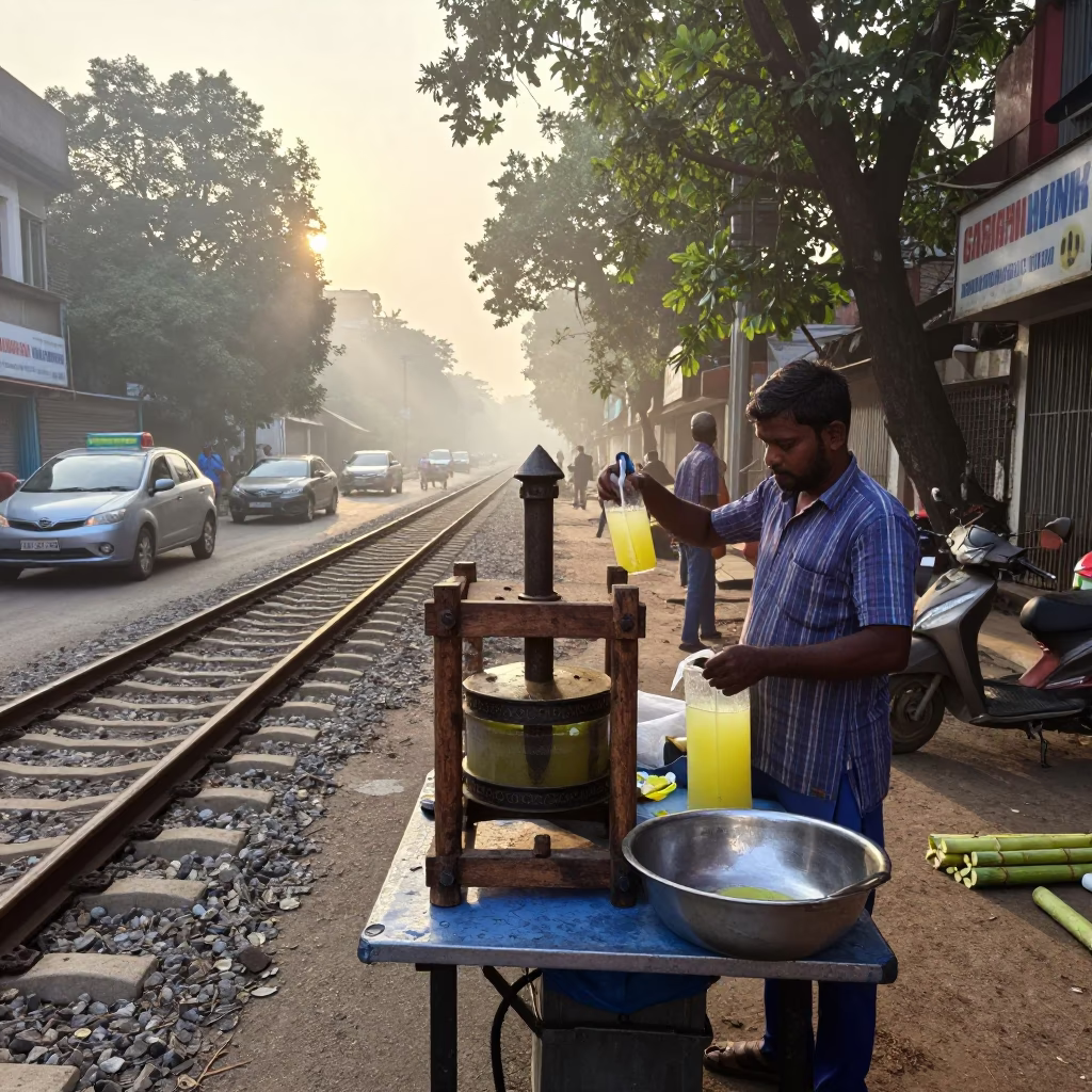 Mumbai Dawn Street Vendor Selling Sugarcane Juice Near Railway Tracks in in Mumbai, India