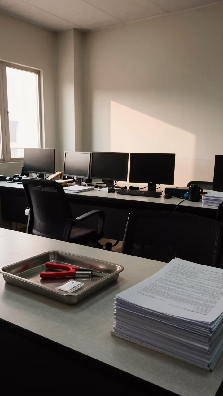 Mumbai Dispatch Office Seal Cutter Tray After Rush in inside a dispatch office above the dock in Mumbai