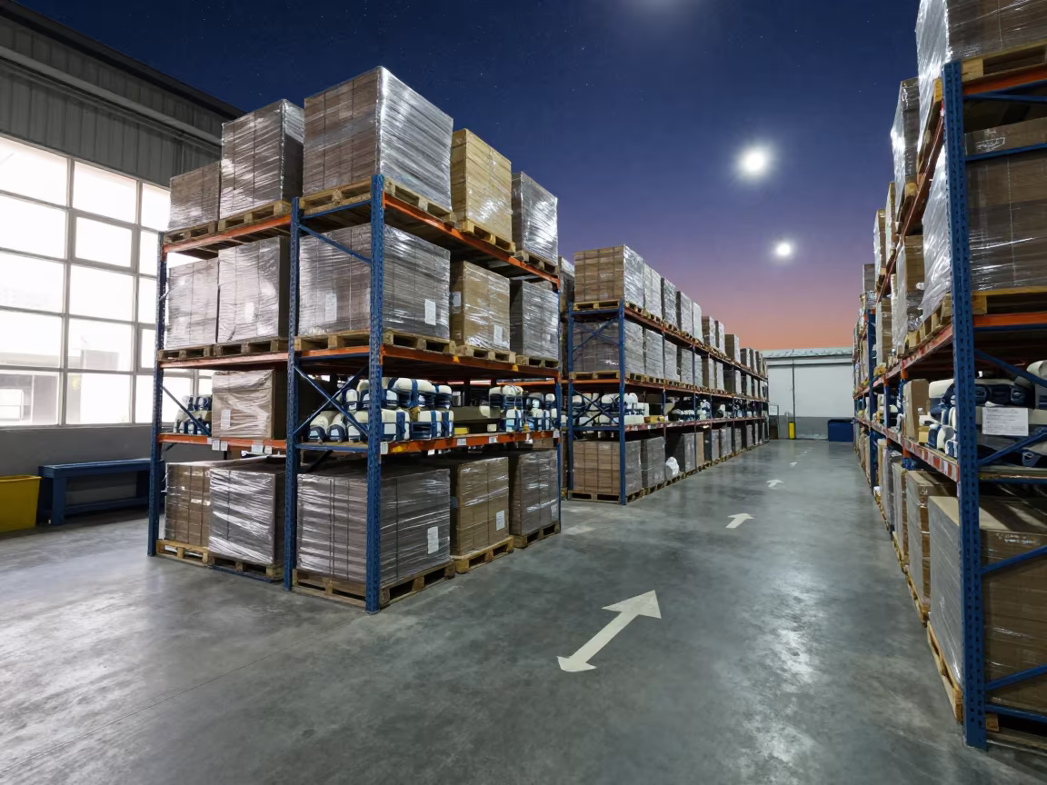 Mumbai Distribution Center Day Night Sky in along inventory racks under cool warehouse light in Mumbai