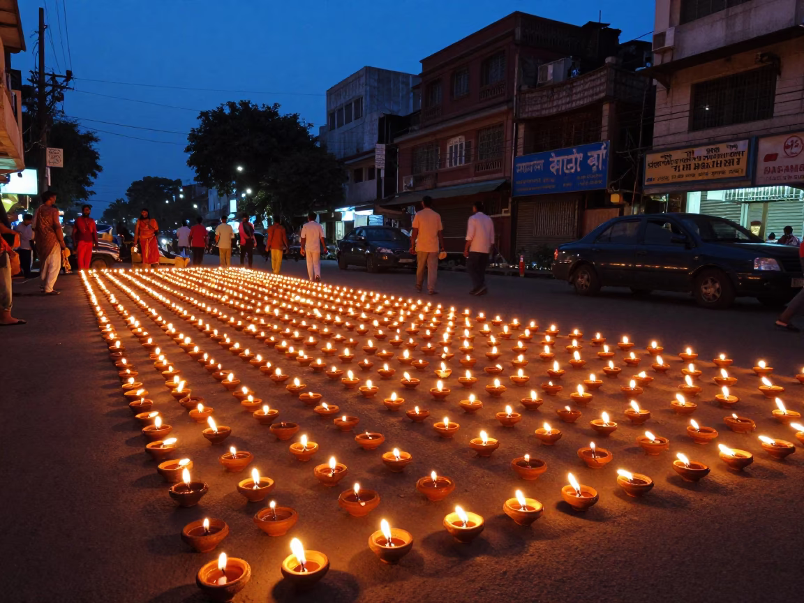 Mumbai Diwali evening street scene with rows of glowing oil lamps at blue hour in in Mumbai, India