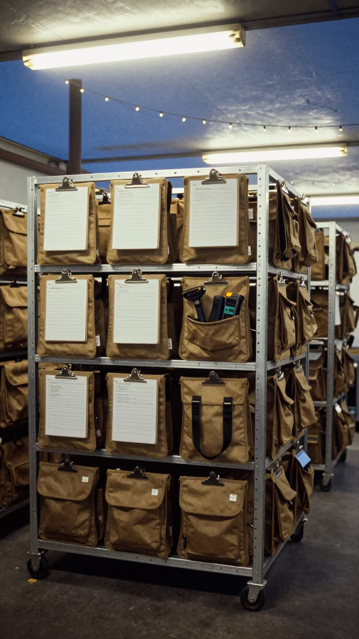 Mumbai Dock Broker Pouch Rack Under Blue Hour Lights in inside a chilled distribution bay in Mumbai