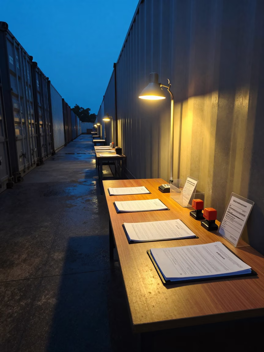 Mumbai Dock Export Desk Customs Documents in inside a cross-dock lane near Mumbai