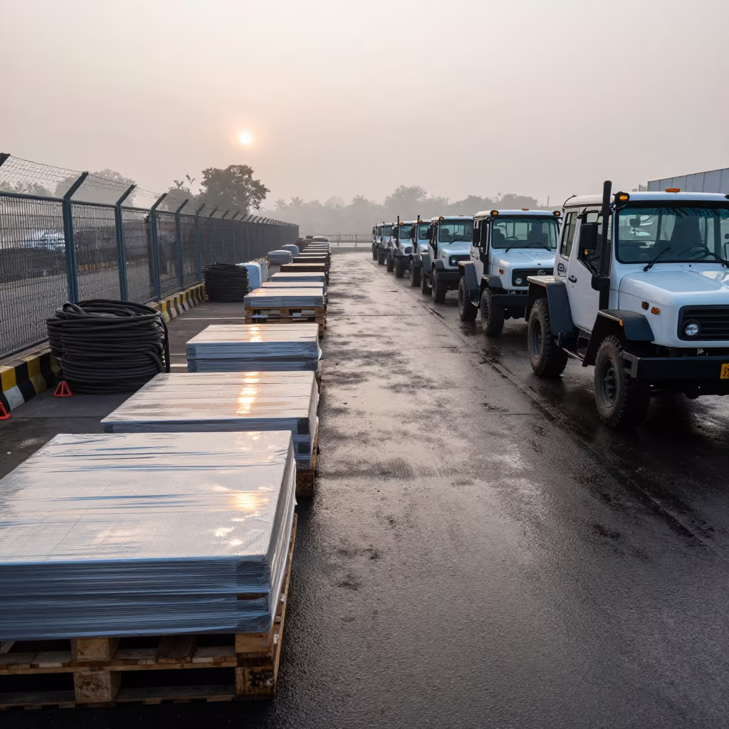 Mumbai Dock Tractors in Misty Dawn Rain in at a loading dock before dispatch near Mumbai