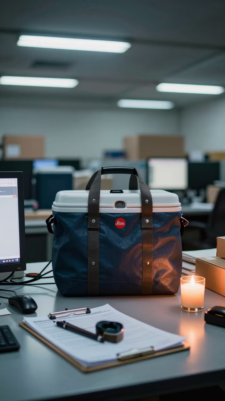 Mumbai Dockside Cooler Tote Charger Under Fluorescents in inside a dispatch office above the dock in Mumbai