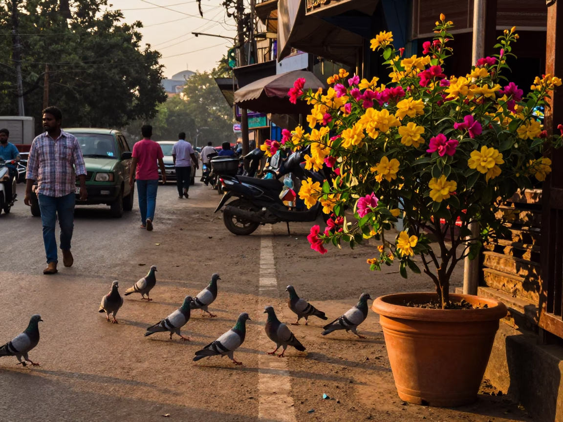 Mumbai Early Evening Street Scene with Pigeons and Flowering Plants in in Mumbai, India
